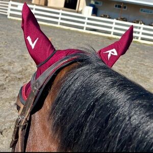 Equestrian horse Ear Bonnet Left Right Burgundy color with crystals